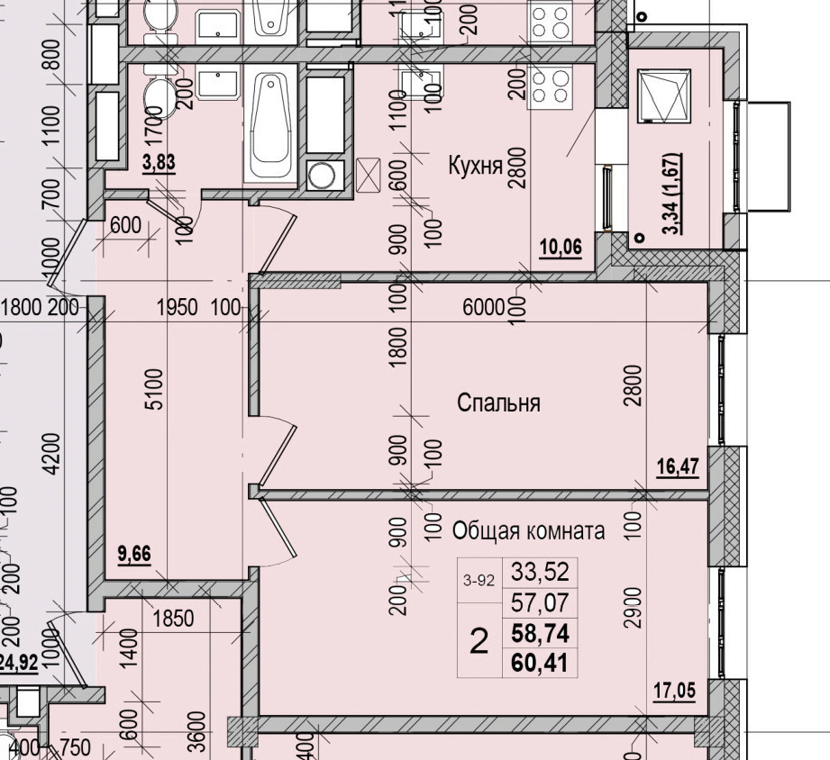 2 комн., 58.74 м²