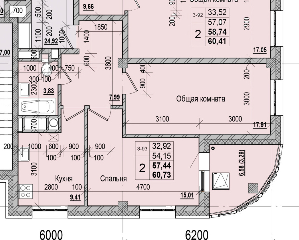 2 комн., 57.44 м²