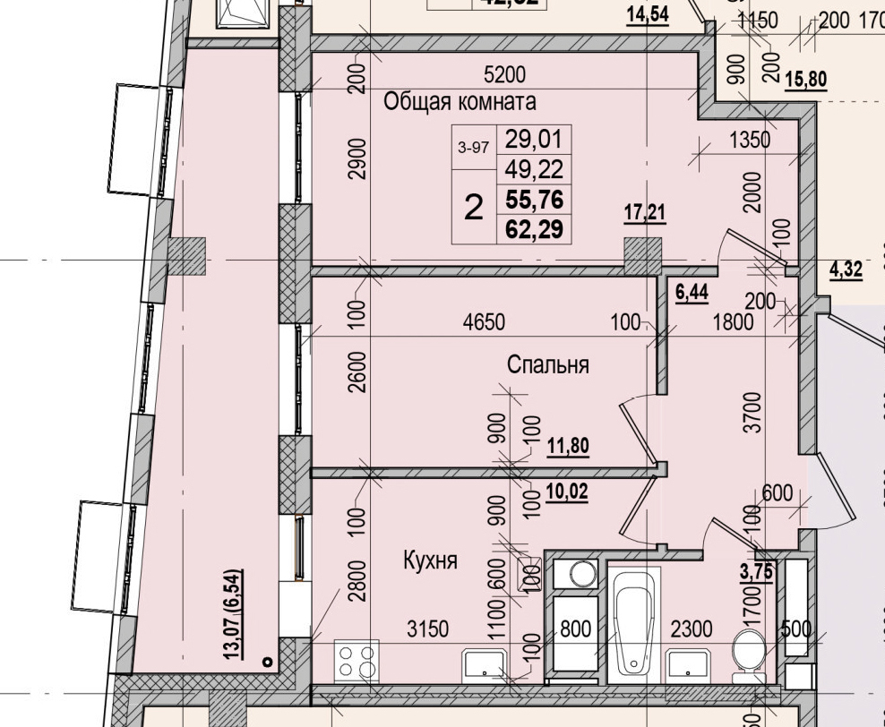 2 комн., 55.76 м²