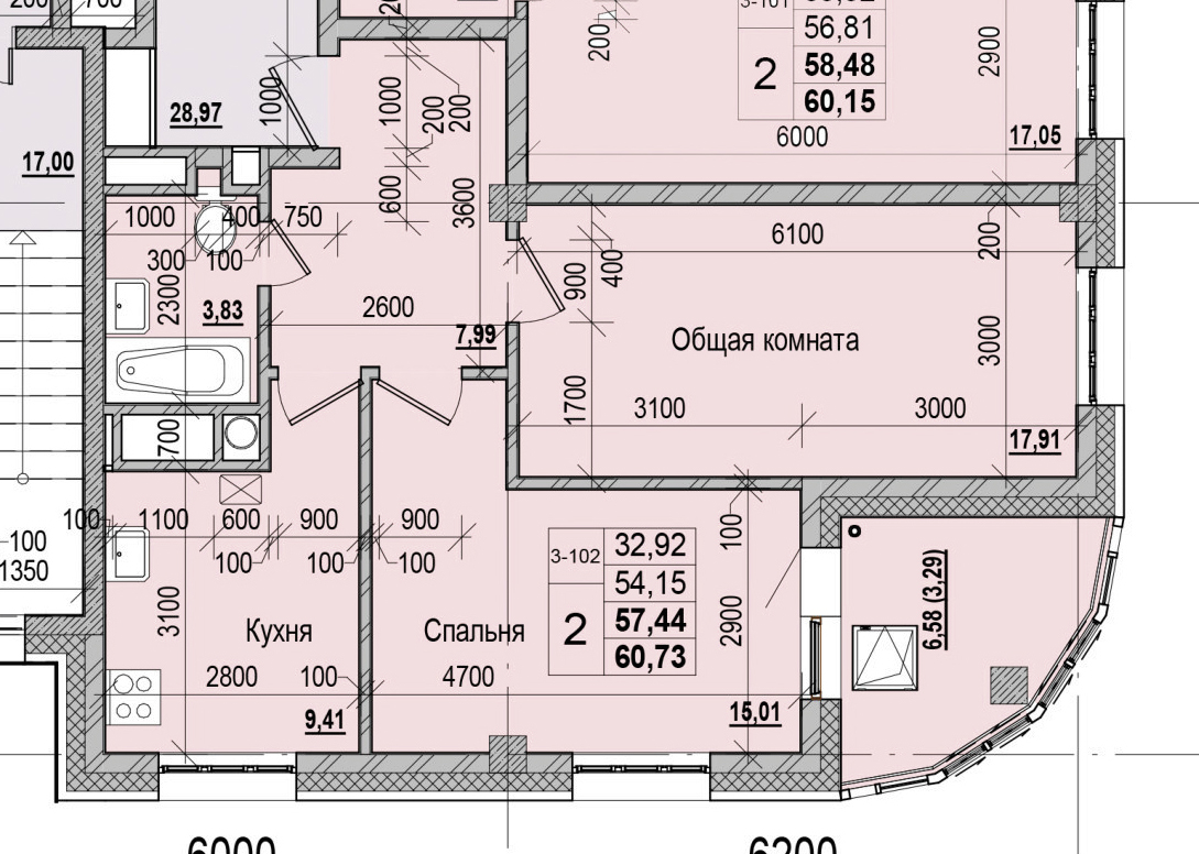 2 комн., 57.44 м²