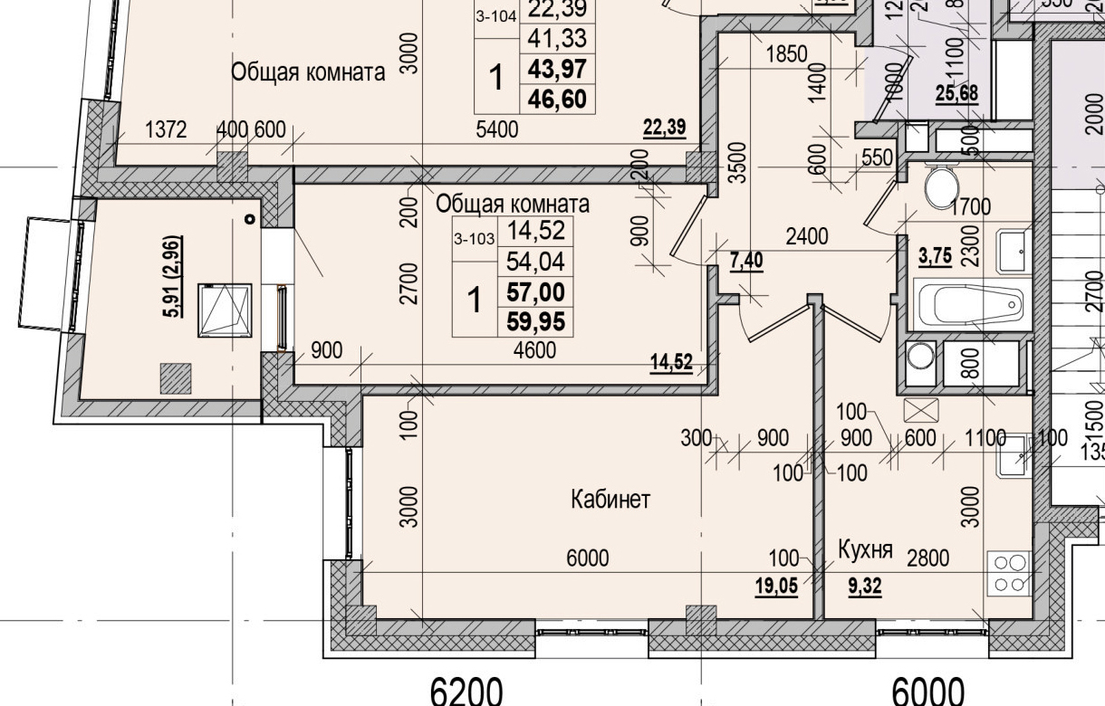 1 комн., 57.00 м²