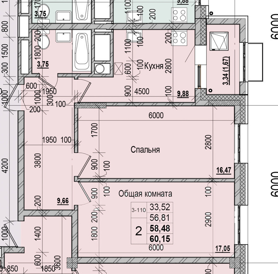 2 комн., 58.48 м²