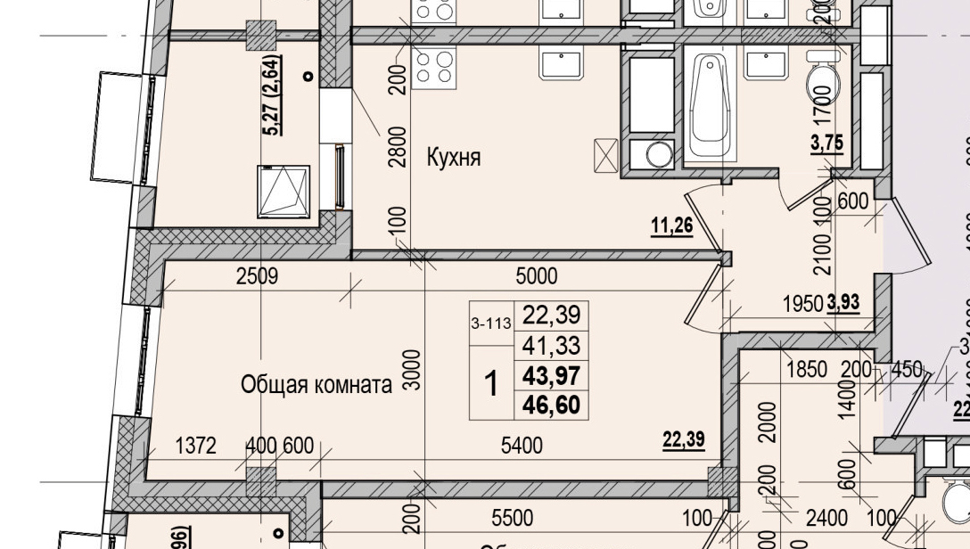 1 комн., 43.97 м²
