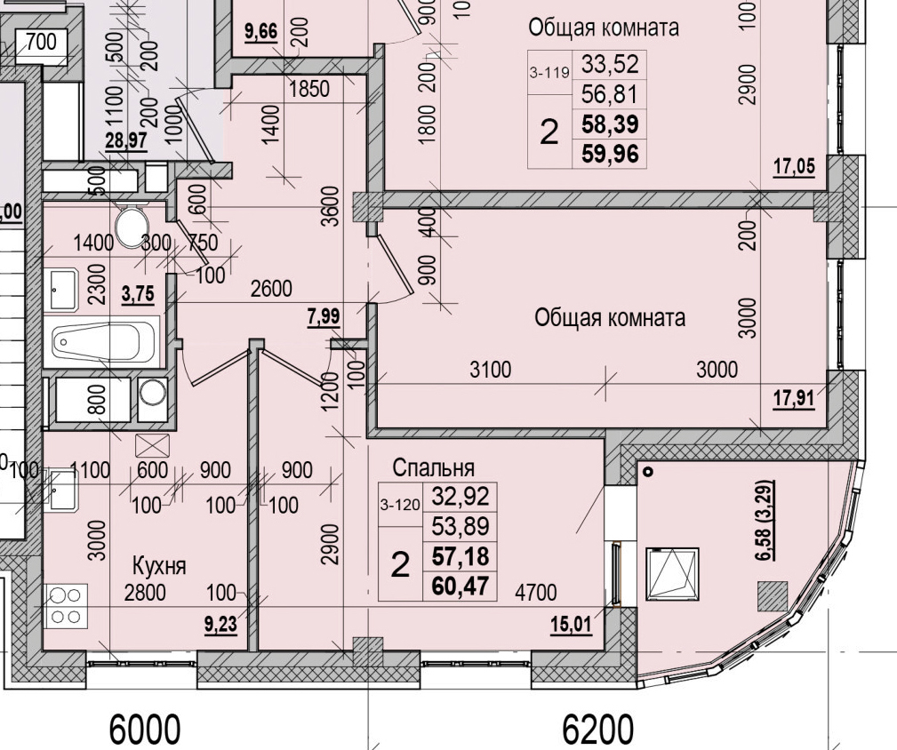 2 комн., 57.18 м²