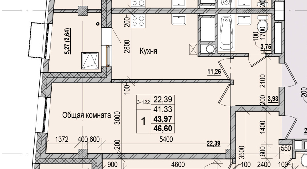 1 комн., 43.97 м²
