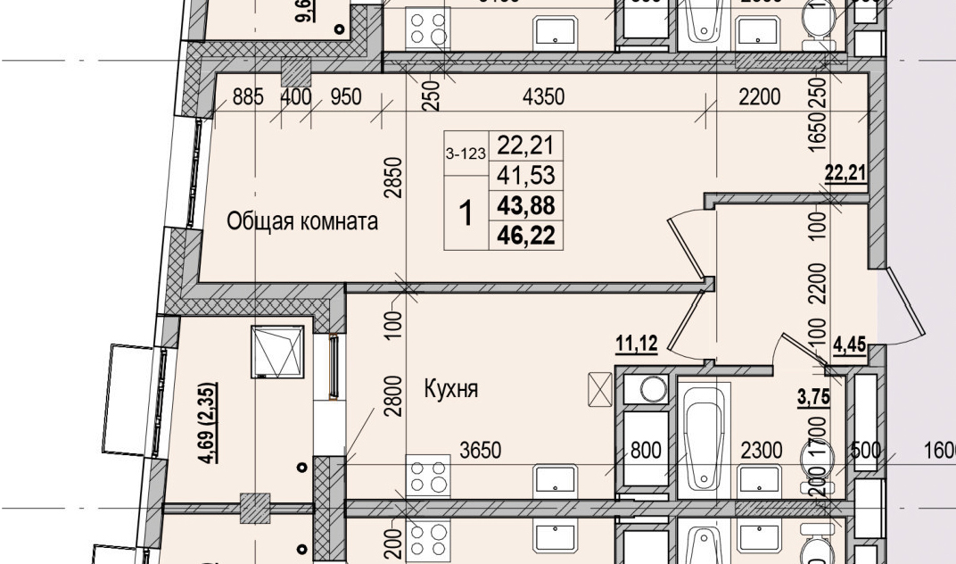 1 комн., 43.88 м²