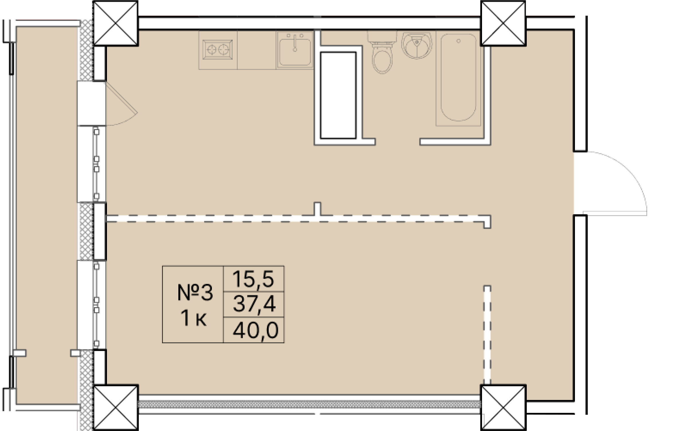 1 комн., 40.00 м²