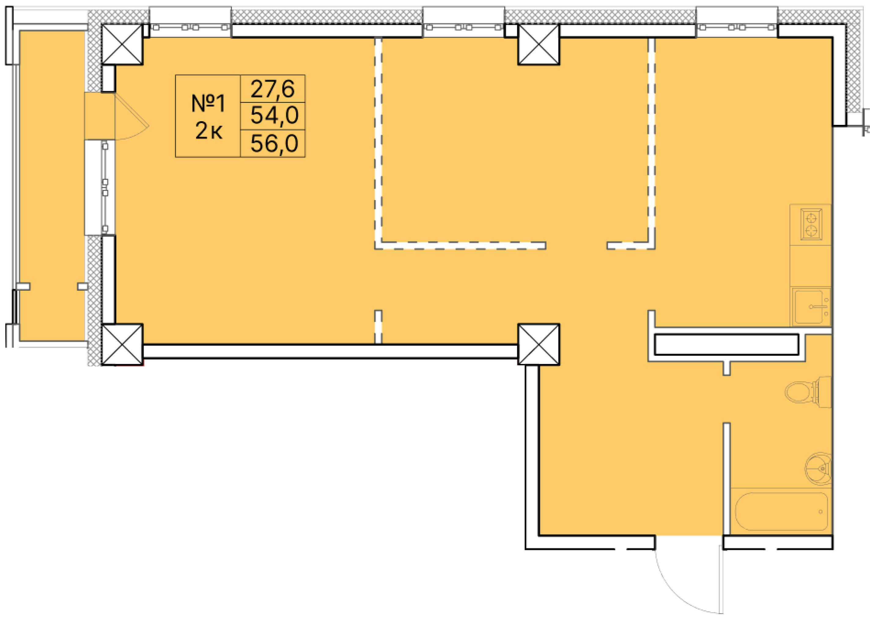 2 комн., 56.00 м²