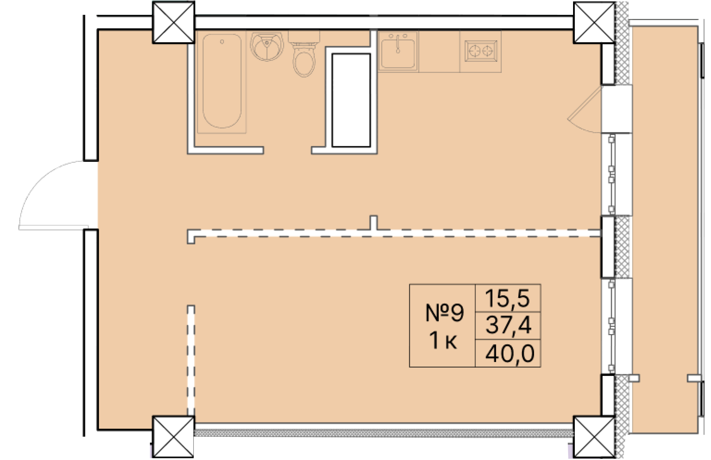 1 комн., 40.00 м²