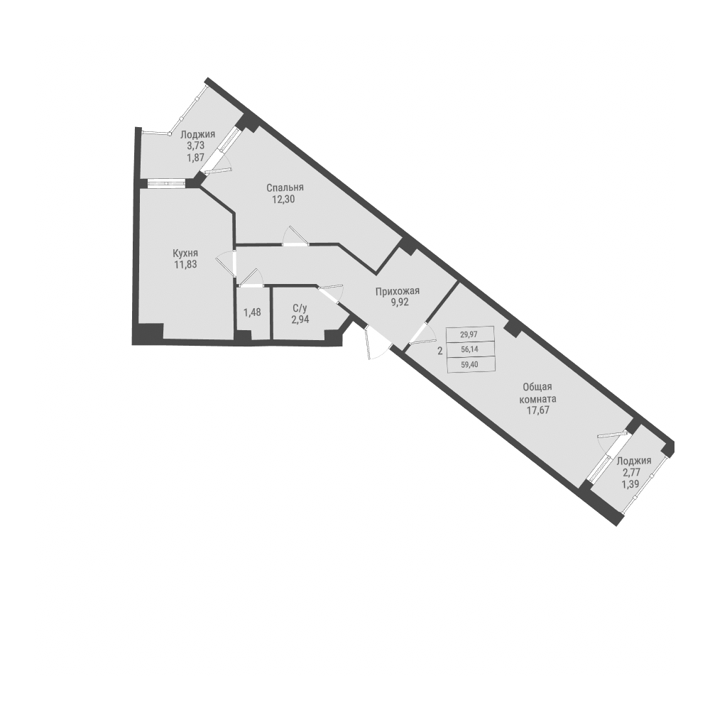 2 комн., 59.40 м²