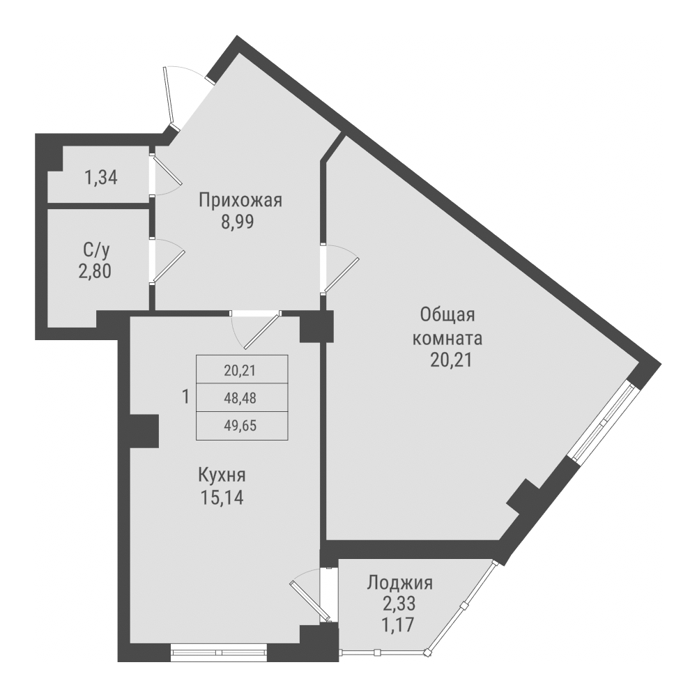 1 комн., 49.65 м²