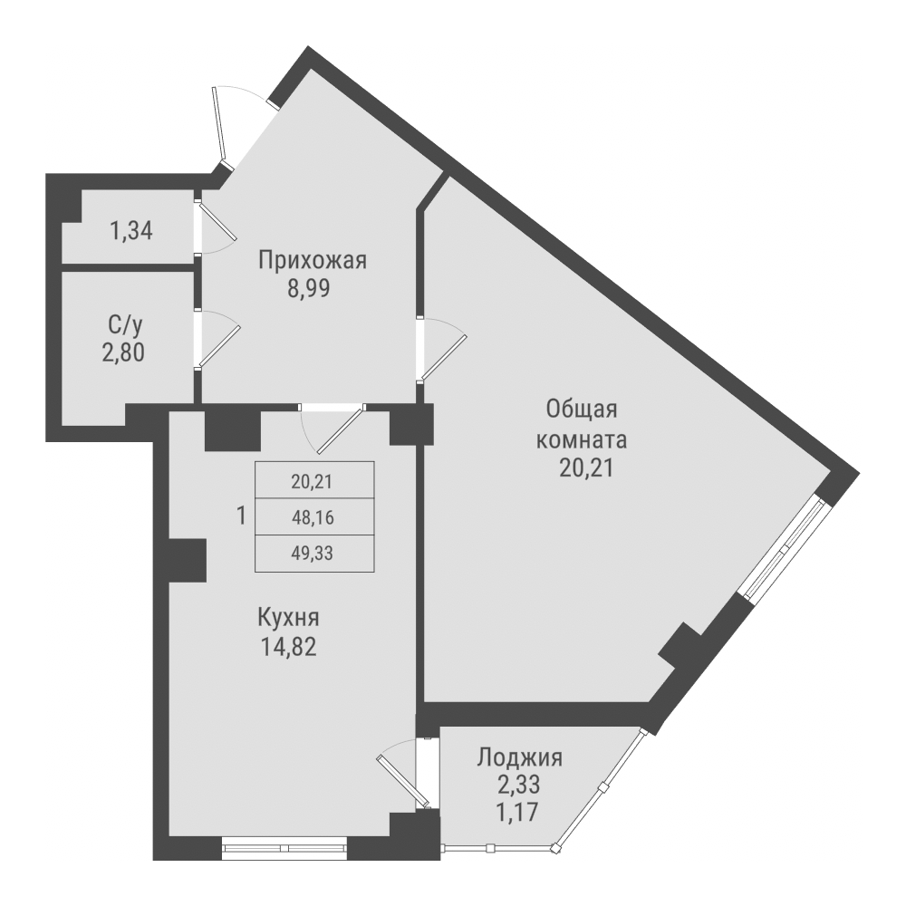 1 комн., 49.33 м²