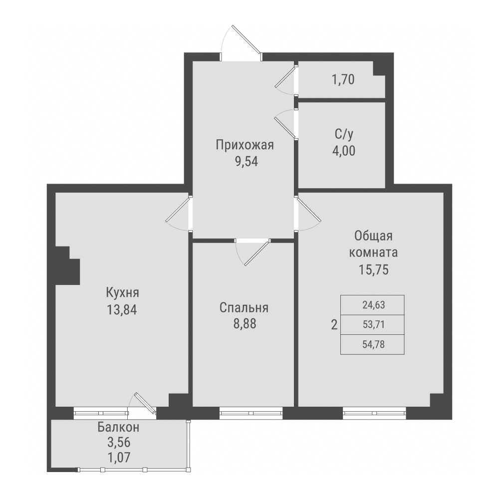 2 комн., 54.78 м²