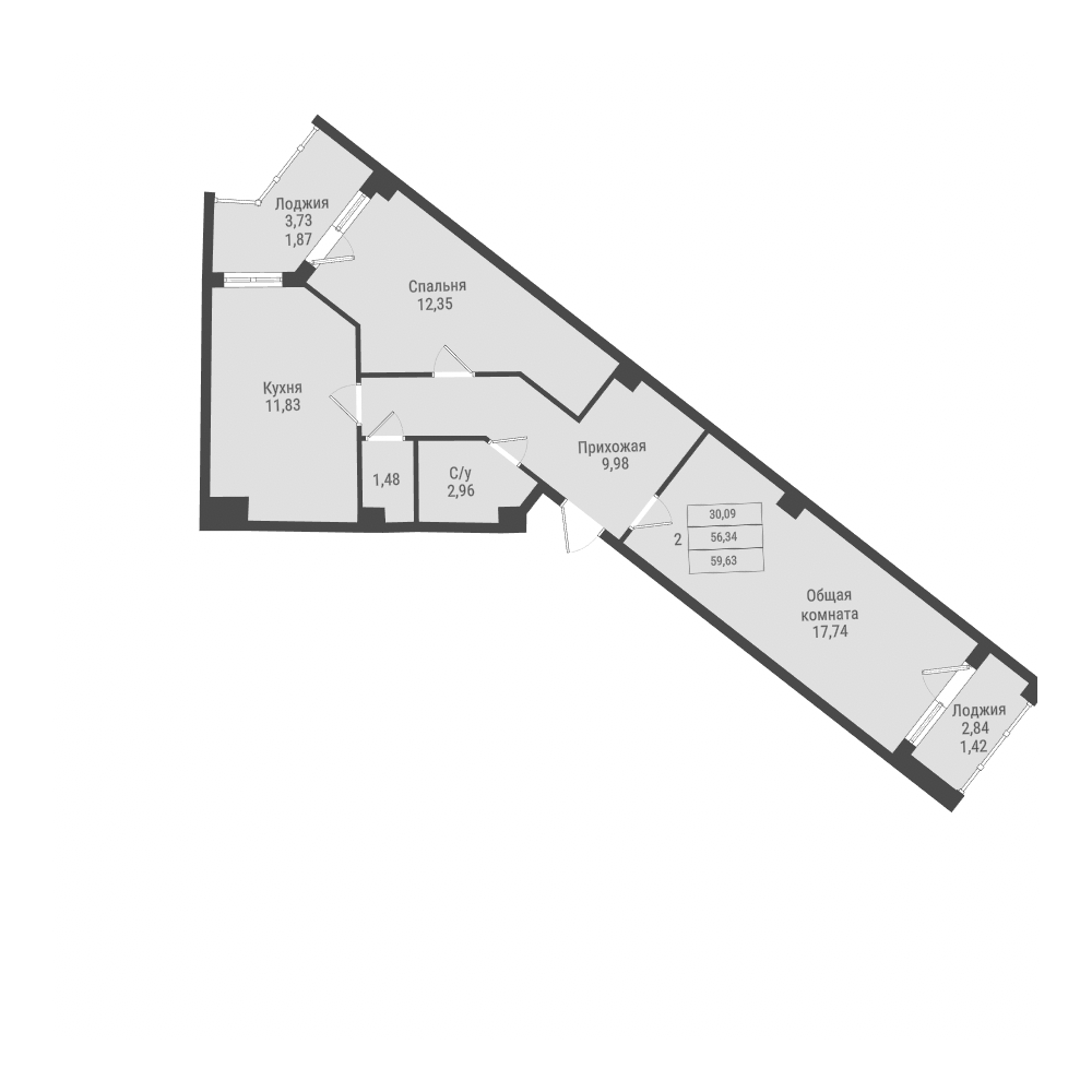 2 комн., 59.63 м²