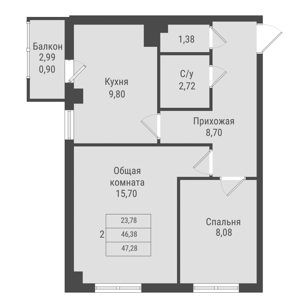 2 комн., 47.28 м²
