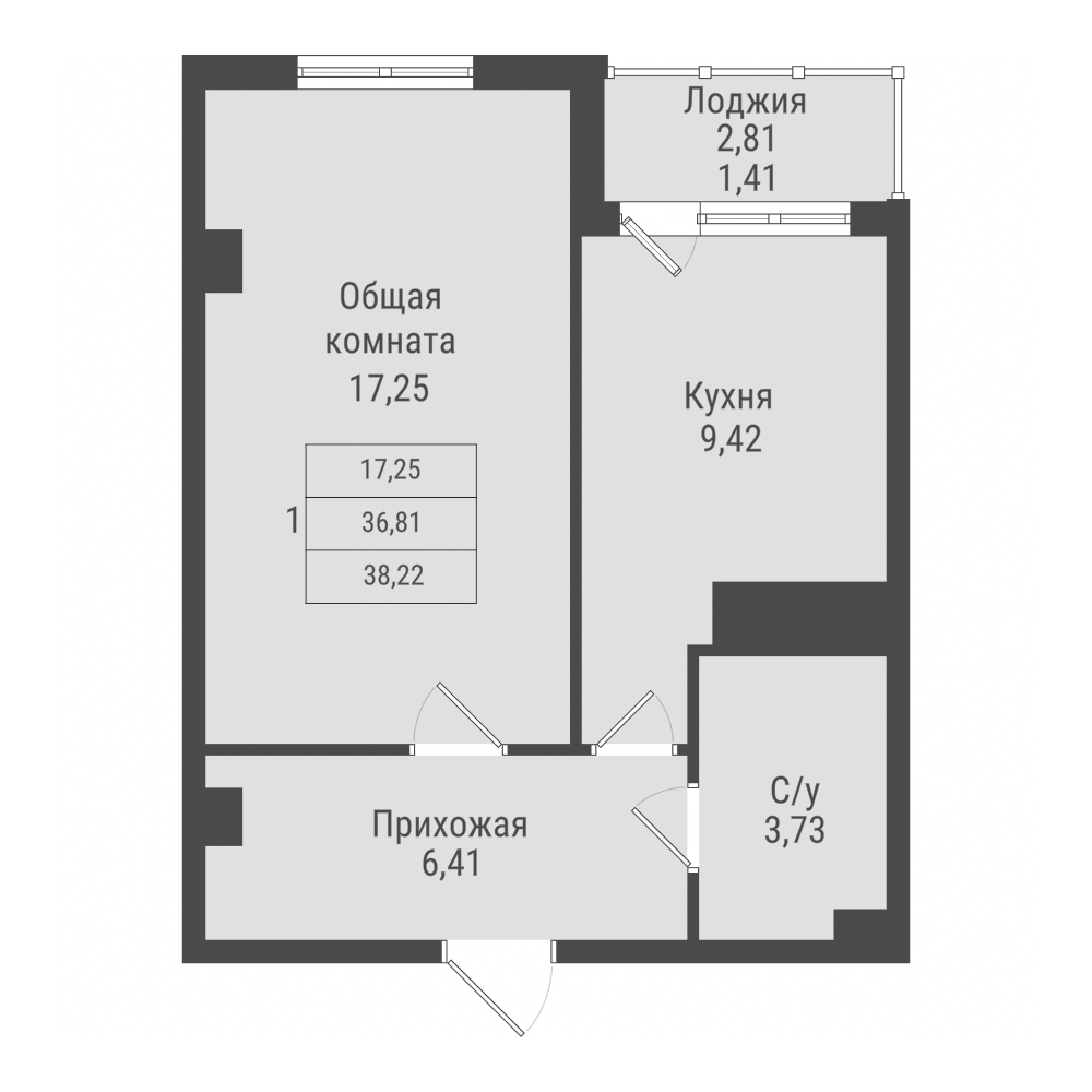 1 комн., 38.22 м²