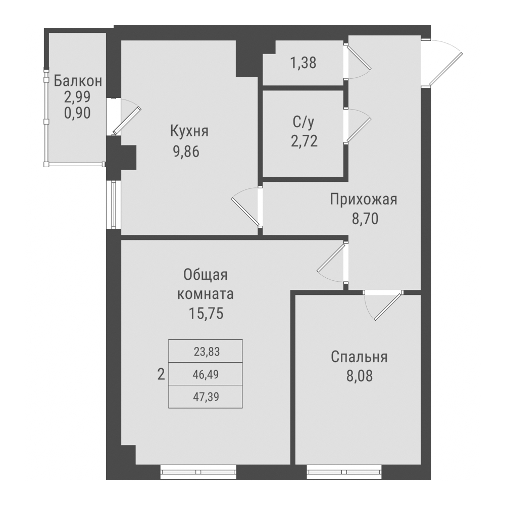 2 комн., 47.39 м²