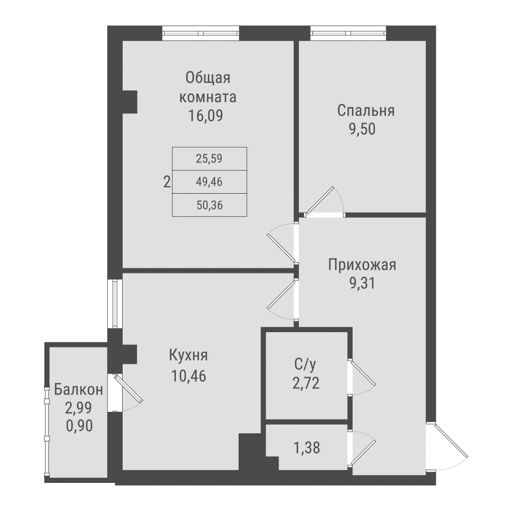 2 комн., 50.36 м²