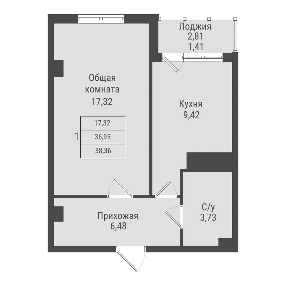1 комн., 38.36 м²