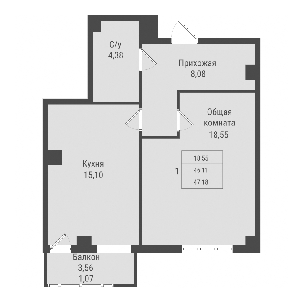 1 комн., 47.18 м²