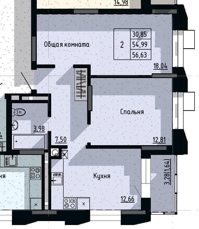 2 комн., 56.63 м²