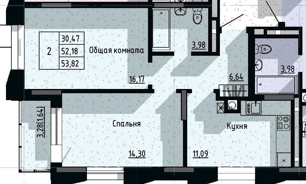 2 комн., 53.82 м²