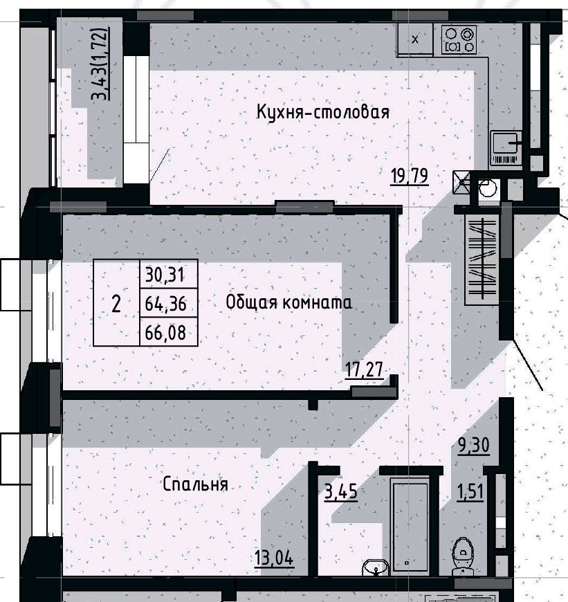 2 комн., 66.08 м²