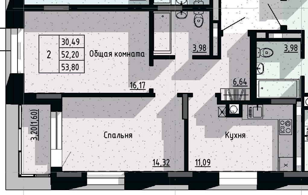 2 комн., 53.80 м²
