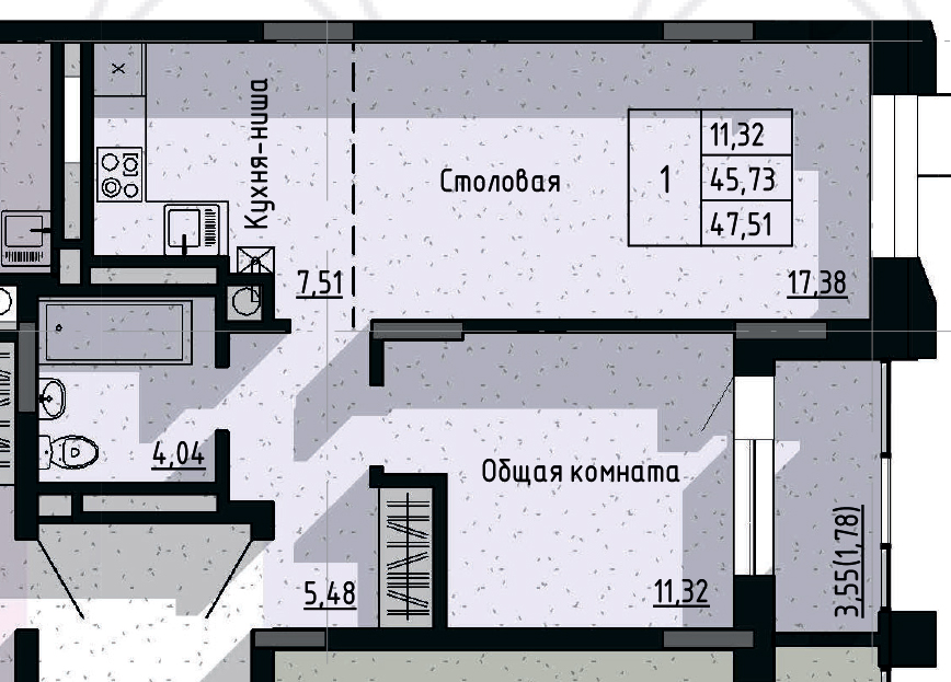 1 комн., 47.51 м²