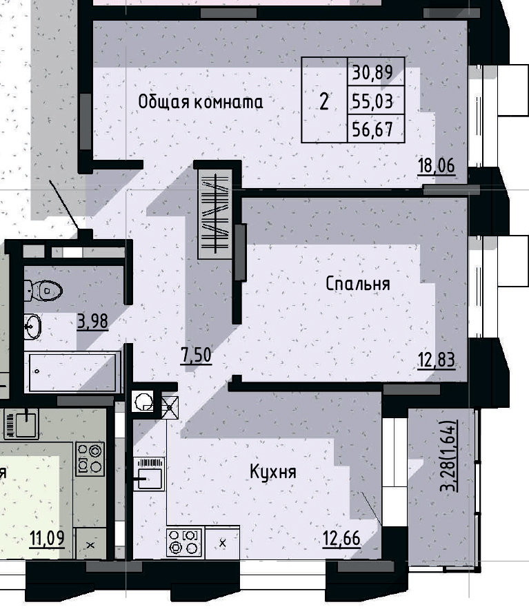 2 комн., 56.67 м²