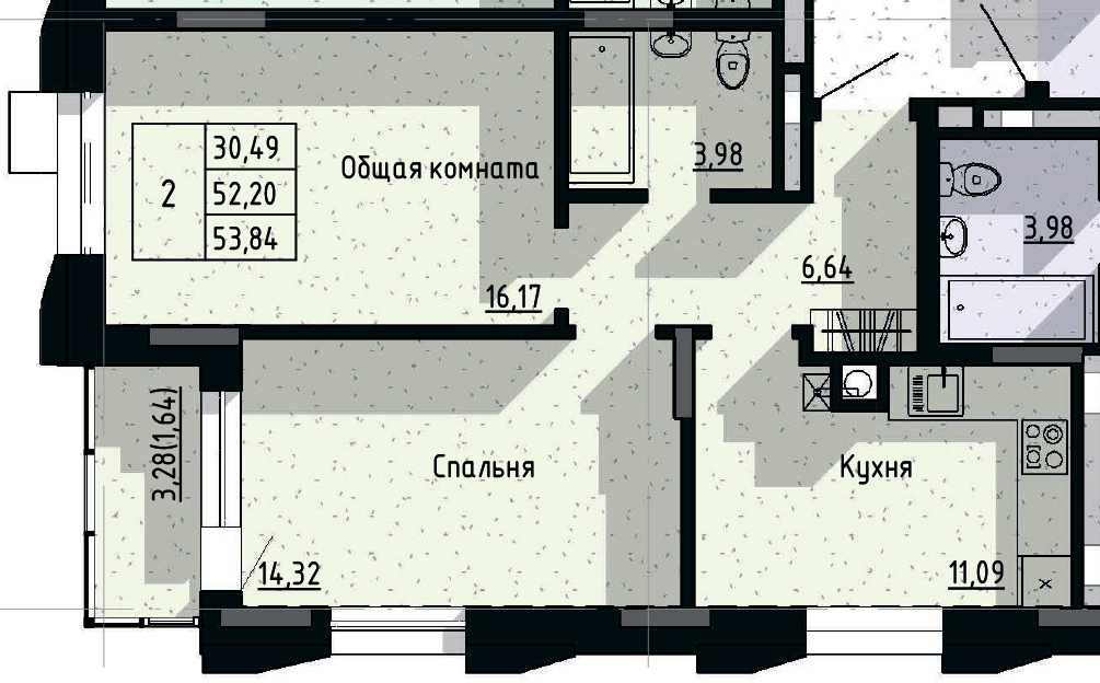 2 комн., 53.84 м²