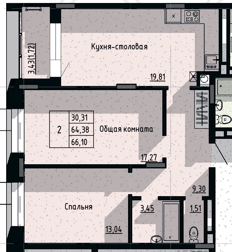 2 комн., 66.10 м²