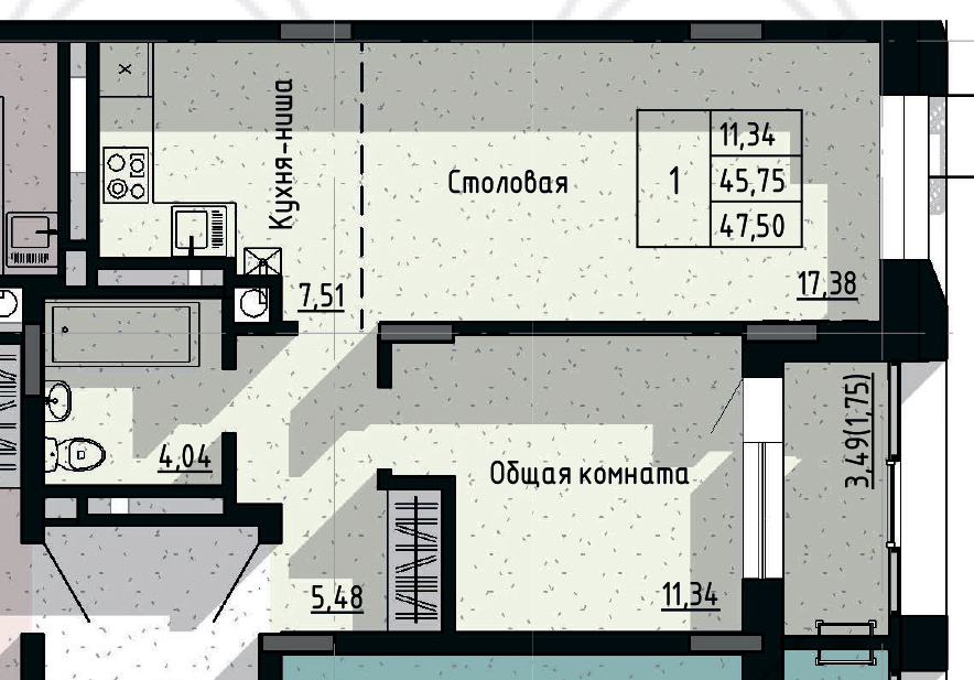 1 комн., 47.50 м²
