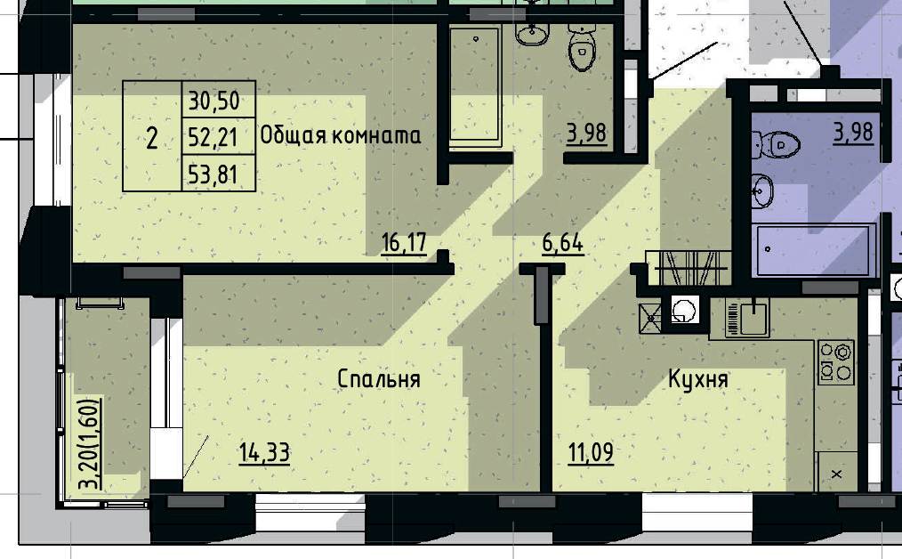2 комн., 53.81 м²