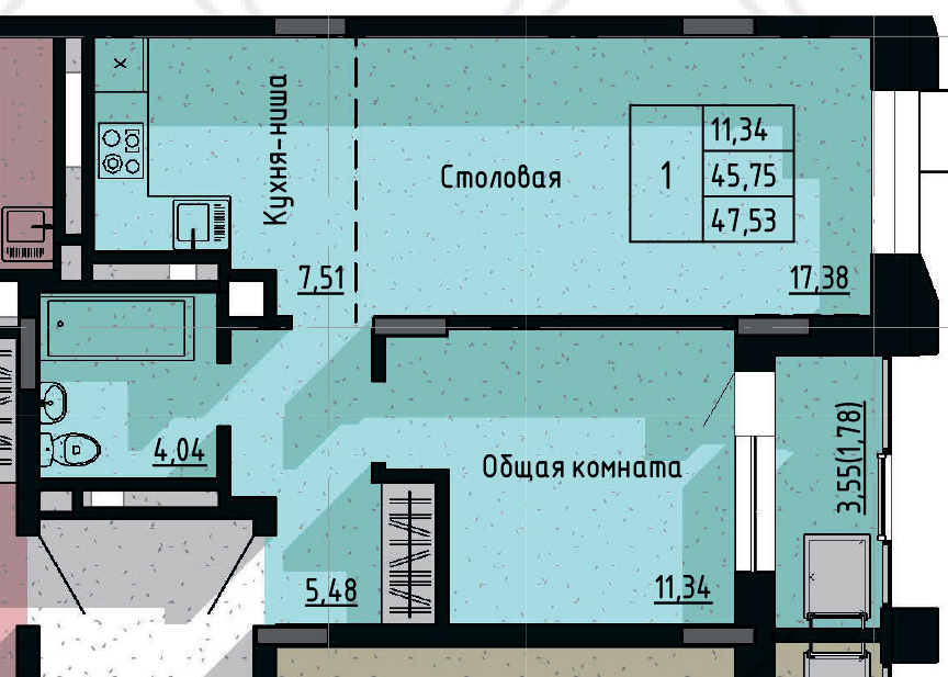 1 комн., 47.53 м²