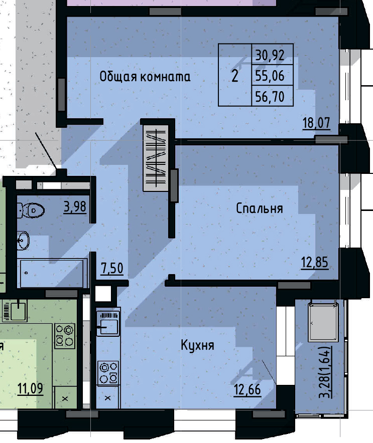 2 комн., 56.70 м²