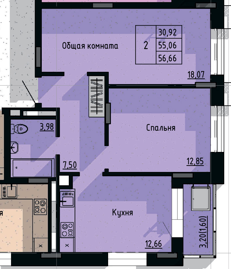 2 комн., 56.66 м²