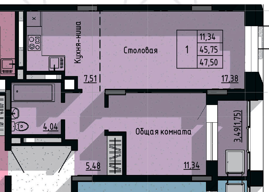 1 комн., 47.50 м²