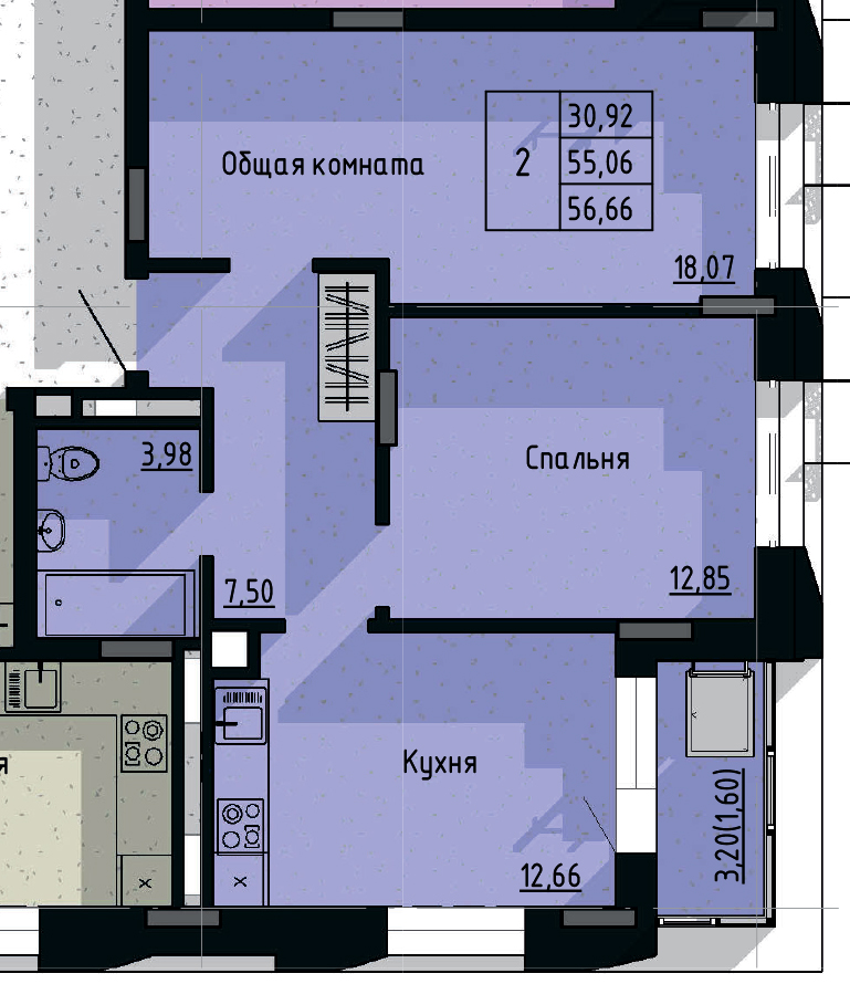 2 комн., 56.66 м²