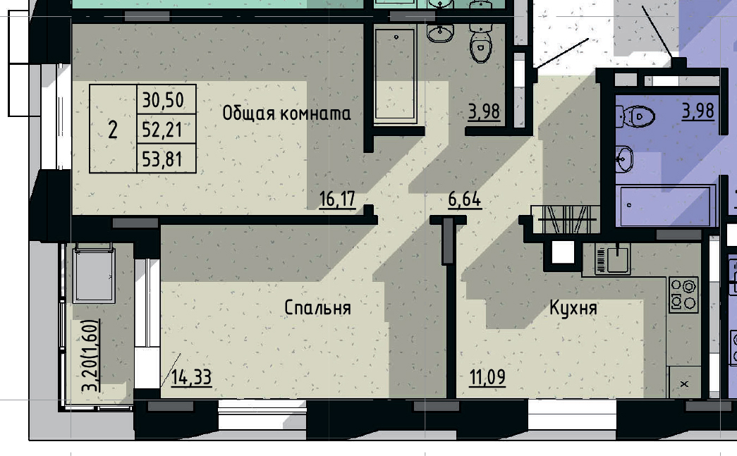 2 комн., 53.81 м²