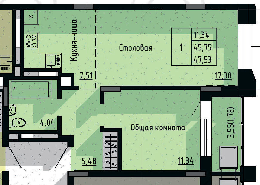 1 комн., 47.53 м²