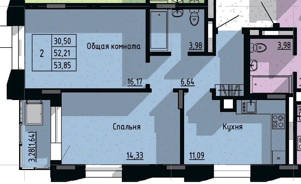 2 комн., 53.85 м²