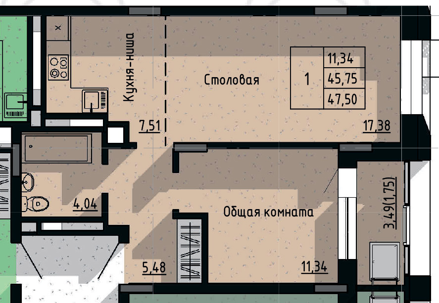 1 комн., 47.50 м²