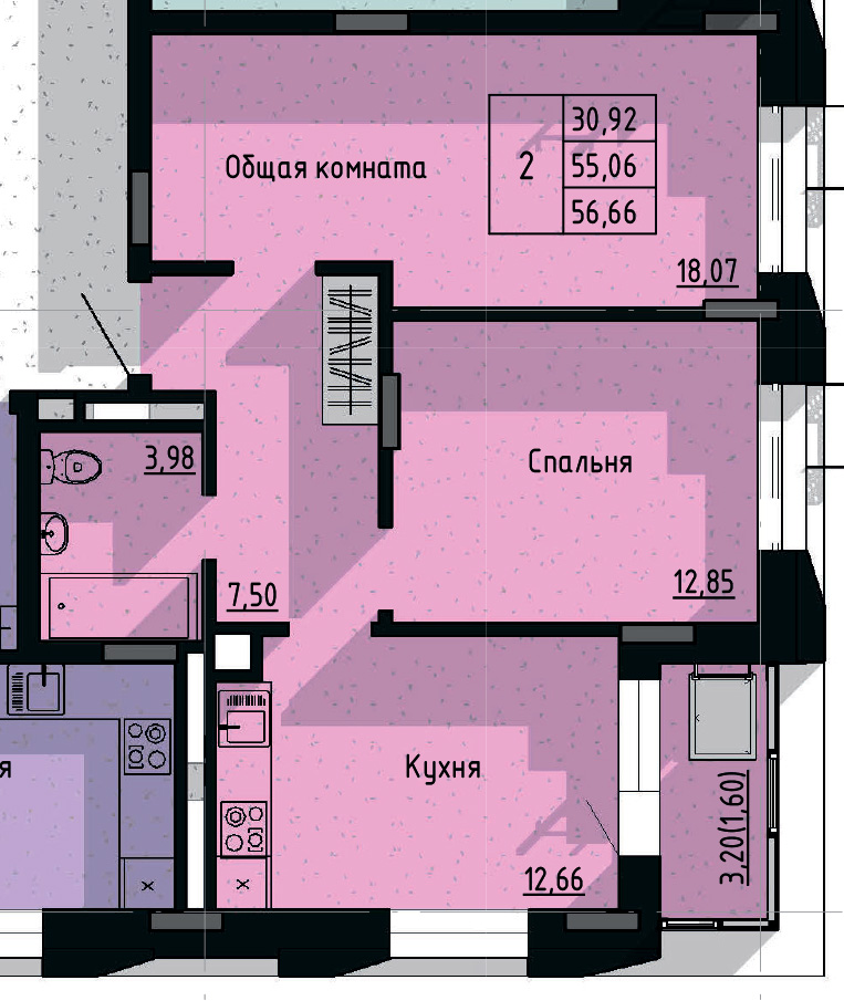 2 комн., 56.66 м²