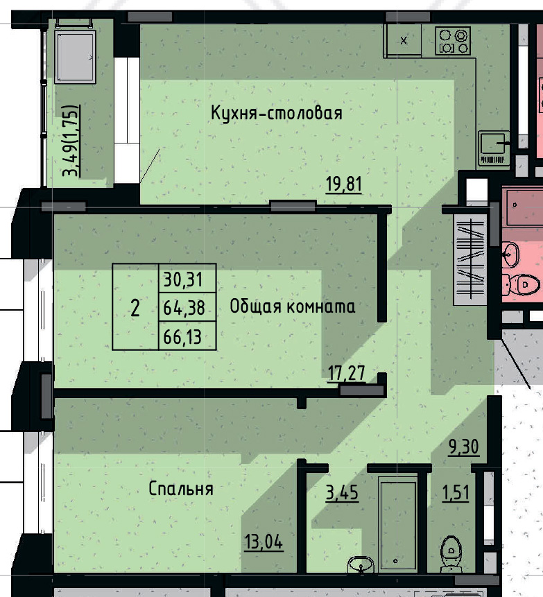 2 комн., 66.13 м²