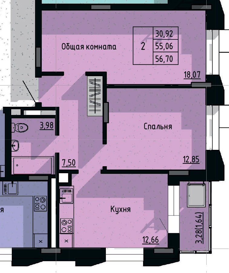 2 комн., 56.70 м²