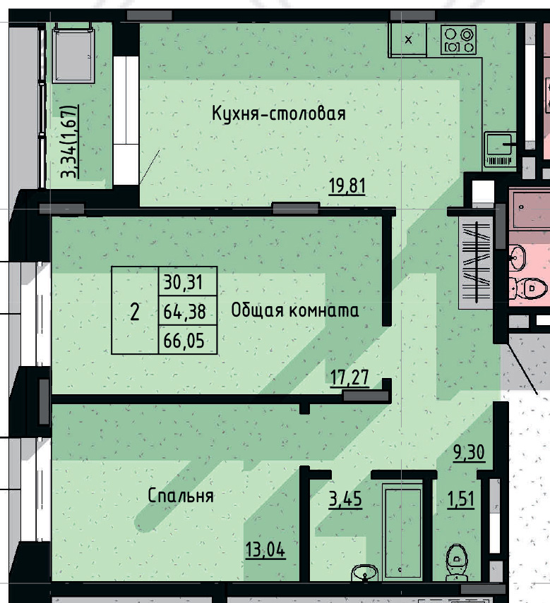 2 комн., 66.05 м²