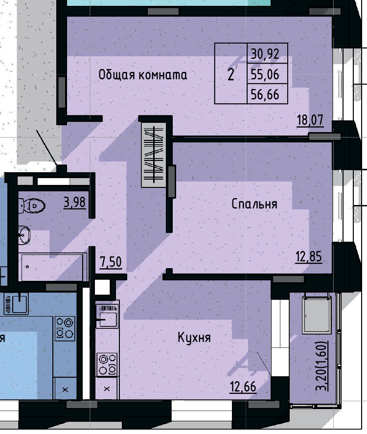 2 комн., 56.66 м²