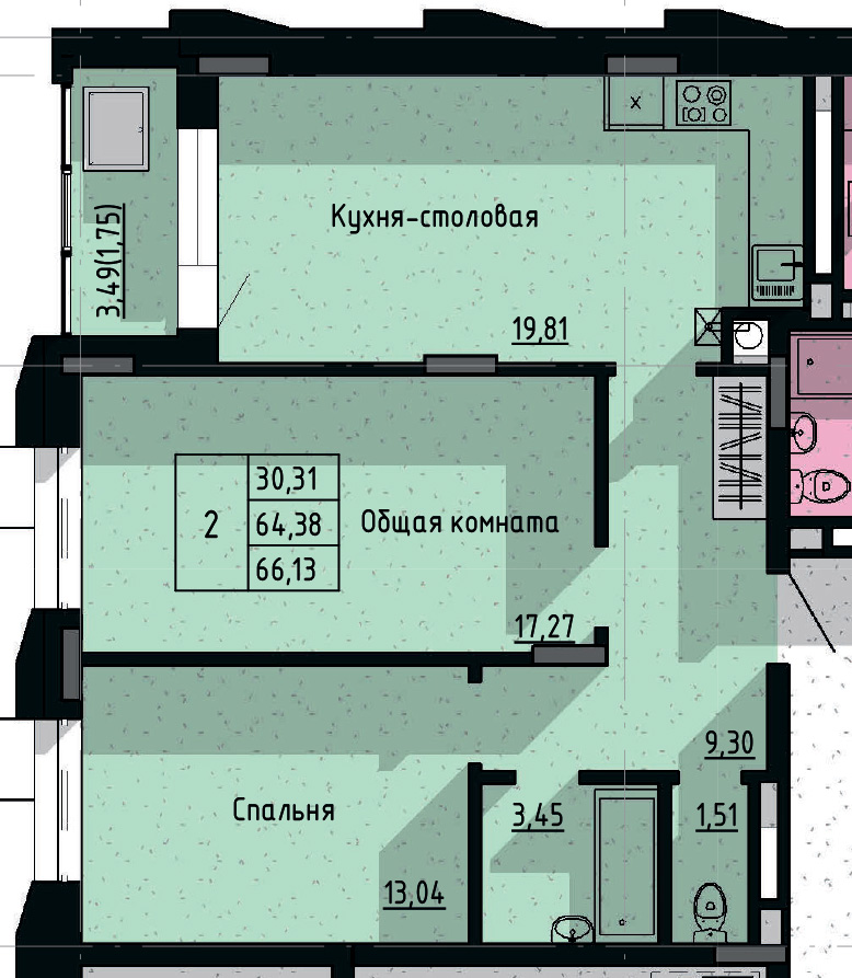 2 комн., 66.13 м²