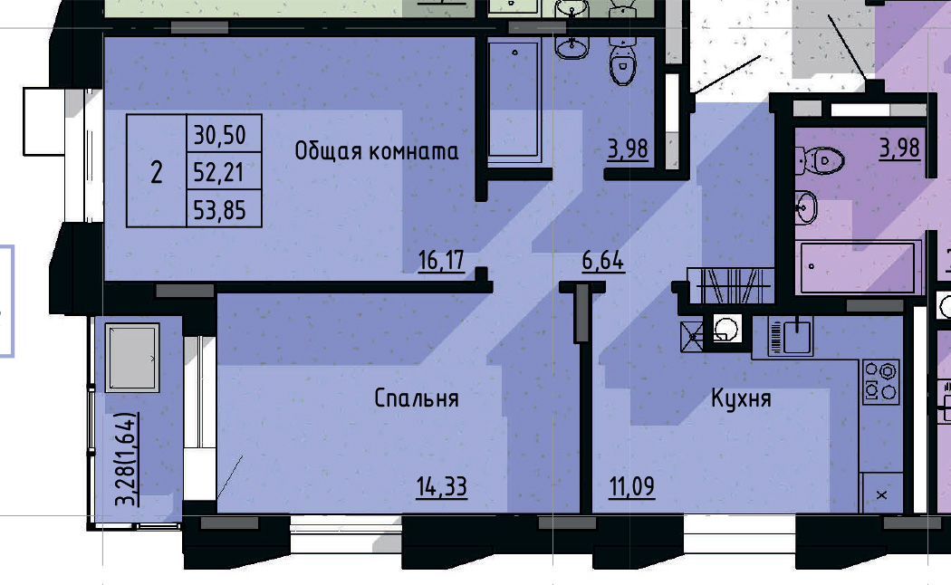 2 комн., 53.85 м²
